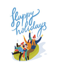 Fototapeta premium Family going snow tubing isolated on white. Sitting father and mother with children on rubber ring with rising up hands. Happy holidays card vector