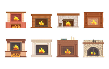 Fireplace home interior burning wood isolated icons set vector. Shelves with vase and decor, furnace made of stone and redbrick, stand and bucket