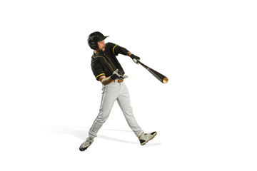 The fit caucasian man baseball player playing in studio. silhouette isolated on white background
