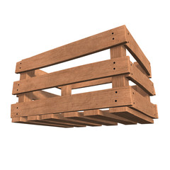 Wooden box for transportation and storage of products. Empty crate for fruits and vegetables. 3d render isolated on white background.
