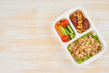 Vegan lunch box, copy space. Healthy vegetarian menu, weight loss, healthy lifestyle
