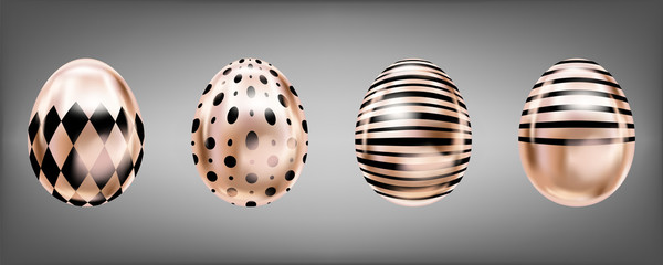 Four glance metallic eggs in pink color with black rumb, dots and stripes. Isolated objects for Easter