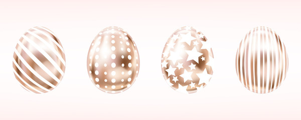 Four glance metallic eggs in pink color with white stripes, dots and stars. Isolated objects for Easter