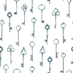 Watercolor pattern with vintage romantic key for wedding invitations, holiday cards, greeting cards, posters, books, envelopes, photo album. Hand drawn on isolated background