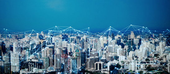 Digital network connection lines of Sathorn, Bangkok Downtown, Thailand. Financial district and business center in smart technology urban city. Skyscraper and buildings