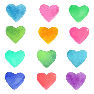 Set of hand painted watercolor hearts for Valentine's day. Romantic blue, pink heart for wedding invitations, holiday cards, greeting cards, posters, books, envelopes, photo album. isolated background