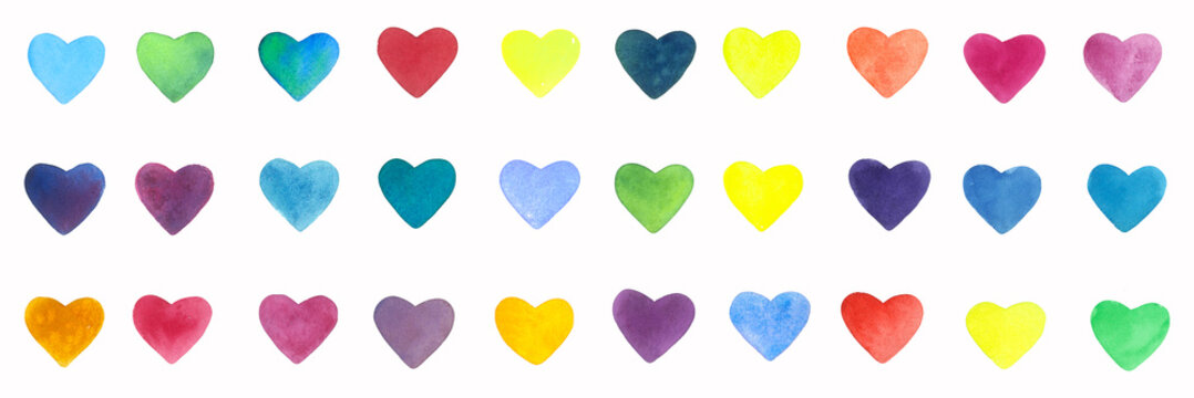 Set of hand painted watercolor hearts for Valentine's day. Romantic blue, pink heart for wedding invitations, holiday cards, greeting cards, posters, books, envelopes, photo album. isolated background