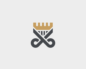 Scissors comb logotype. Crown hair shield vector logo.