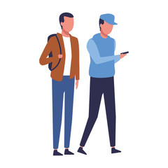 faceless guys bagpack walking