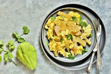 scrambled eggs with chayote. copy space. place for text. top view
