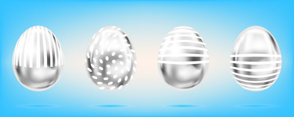 Four silver eggs on the sky blue background. Isolated objects for Easter. Stripes and dots ornate