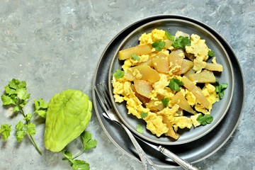 scrambled eggs with chayote. copy space. place for text. top view