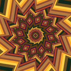 Colorful warm brown kaleidoscope 3D illustration. Beautiful bright mandala fractal ornament for yoga, clubs, shows. Zoom in geometric patterns with circles, rectangles design. 4K Square