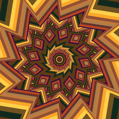 Colorful warm brown kaleidoscope 3D illustration. Beautiful bright mandala fractal ornament for yoga, clubs, shows. Zoom in geometric patterns with circles, rectangles design. 4K Square