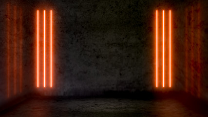 Empty dark abstract room with orange fluorescent neon lights. Stage, scene and night club party concept background with copy space for text or product display.