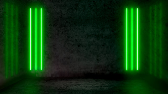 Empty dark abstract room with green fluorescent neon lights. Stage, scene and night club party concept background with copy space for text or product display.