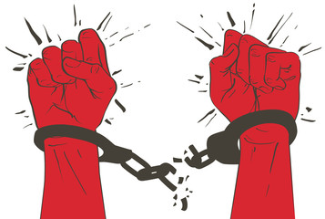 Handcuffs on the hands. Sketch vector illustration