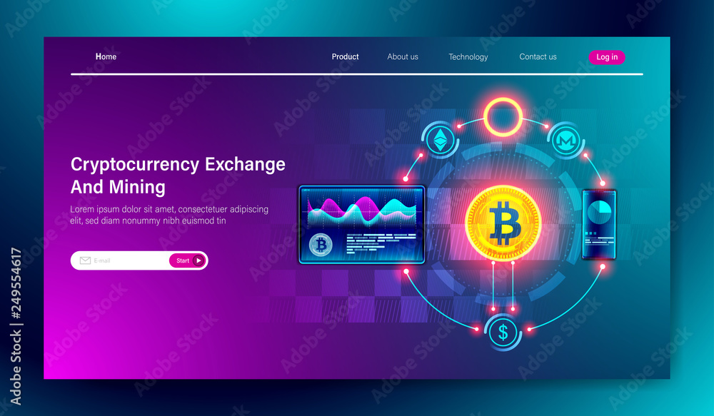 Poster cryptocurrency exchange and bitcoin mining technology on tablet and mobile device concept for landin