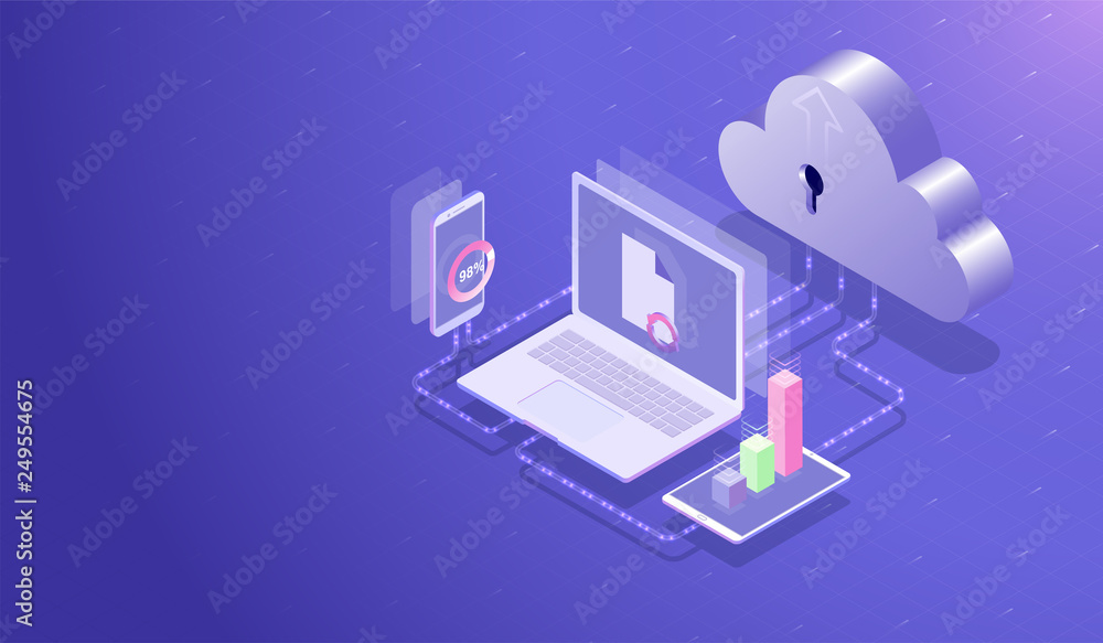Poster isometric cloud data storage center and cloud computing concept, data transfer upload-download proce
