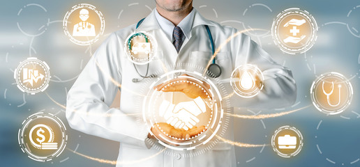 Health Insurance Concept - Doctor in hospital with health insurance related icon graphic interface...
