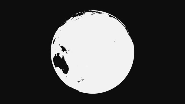 Black and white Earth planet rotating, isolated on black background. Abstract, monochrome terrestrial globe spinning, seamless loop.