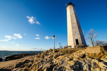  New Haven Lighthouse at Lighthouse Point, wide angle view - obrazy, fototapety, plakaty