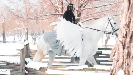 girl with dark hair rides a white horse, lead in a gray long dress and a black warm coat, a charming elf holds the reins of a wonderful fairy pegasus, a creative idea with bright light colors - Powered by Adobe