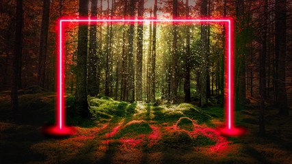 Red fluorescent neon laser lights in green magical forest landscape. Mysterious UFO portal gate...