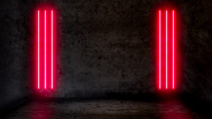 Empty dark abstract room with red fluorescent neon lights. Stage, scene and night club party concept background with copy space for text or product display.