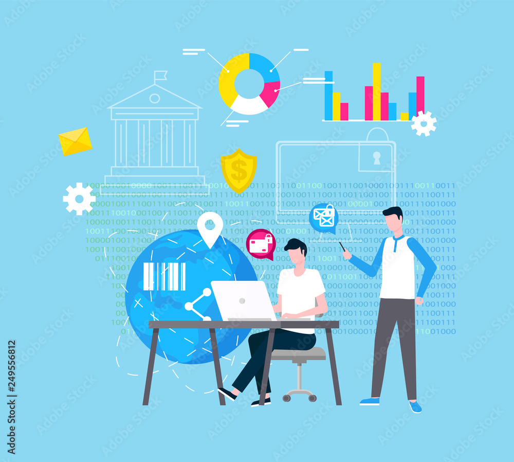 Poster online support and internet help vector, web operator. graphics and diagrams, planet model, global n