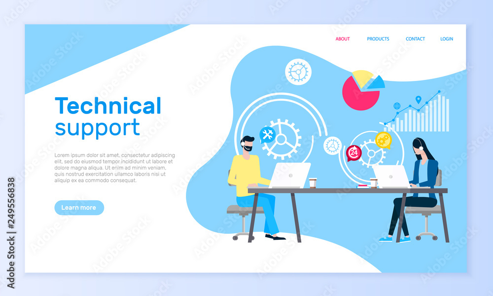 Poster technical support online web site, operators aid vector. man and woman in headset at laptops answeri