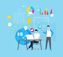 Online support and Internet help vector, web operator. Graphics and diagrams, planet model, global network and barcode, man at laptop and guy with gadget