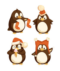 North pole cartoon penguins in warm winter cloth. Arctic bird with stockings, in Santa Claus hat, eating ice cream and sending greetings isolated vector animals