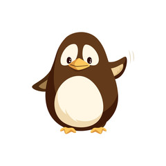 Penguin waving left wing and sending greetings to everyone, wintertime cartoon character isolated vector. Funny arctic bird, small animal kid, funny creature