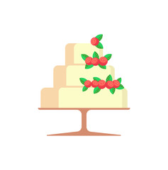 Wedding cake with strawberries and leaves vector. Berries delicious sweets isolated icon, pastry with glazed layers, topping made of sugar sugary food