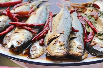 Boiled mackerel in soup at street food