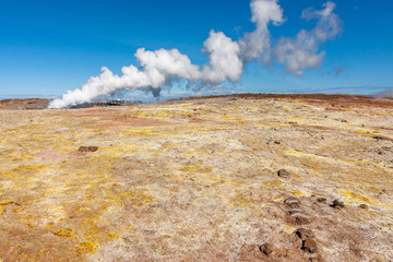 A lifeless landscape of dry land covered with sulfur dust from a boiling volcanic source, Iceland
