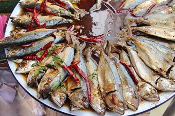 Boiled mackerel in soup at street food