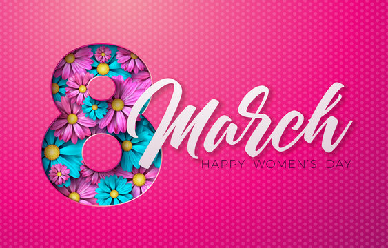 8 March. Happy Womens Day Floral Greeting card. International Holiday Illustration with Flower Design on Pink Background. Vector Spring Template.