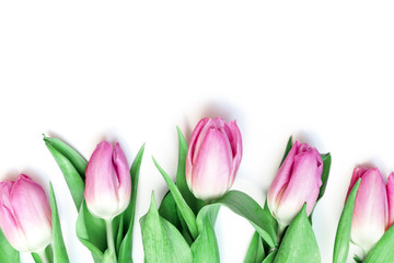 Bouquet of spring flowers, pink tulips on white background - holiday card for 8 march, Valentine day or mother's day with copy space