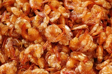 Sweet shrimp in pan at street food