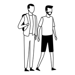 faceless guys bagpack walking black and white