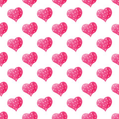 Watercolor seamless pattern with bright pink hearts.