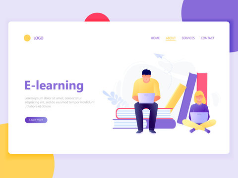 Landing web page template of online education. Man and woman sitting near books with laptops. E-learning, online teaching, courses. Flat concept vector illustration for web page, website and mobile.