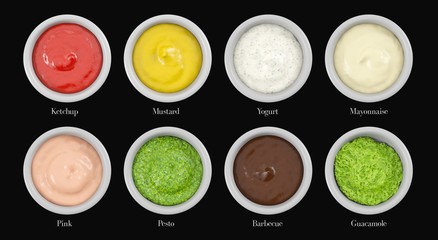 Various types of sauce for cut, Ketchup, Mustard, Yogurt, Mayonaise, Pink, Pesto, BBQ, Guacamole. White container on black background.