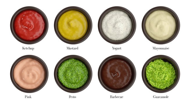 Various Types Of Sauce For Cut, Ketchup, Mustard, Yogurt, Mayonaise, Pink, Pesto, BBQ, Guacamole. Brown Container On White Background.