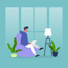 Office furniture. Young male manager sitting on the bean bag chair. Daily life. Flat editable vector illustration, clip art