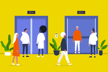 People. Elevator. Business center hall. Office. Walking and standing characters. Weekday life. Flat editable vector illustration, clip art © nadia_snopek