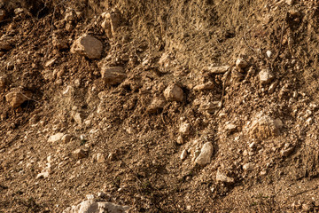 Art background of brown soil with stones. Land texture for publication, poster, calendar, post, screensaver, wallpaper, postcard, postcard, banner, cover, website. High quality photography