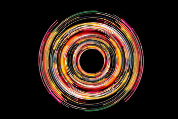 Abstract neon circle lines with empty copy space inside isolated on black background. Colorful led lights long exposure rotation photo. 